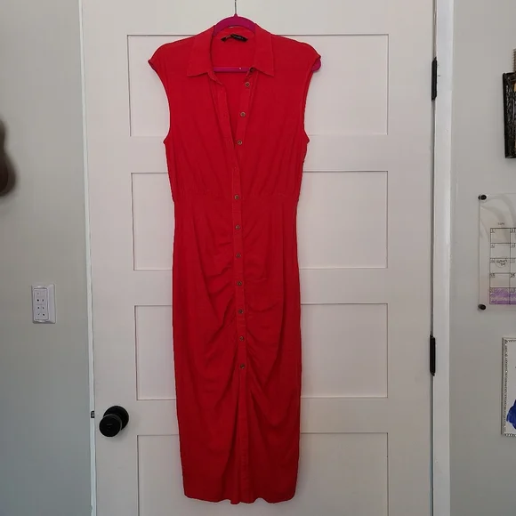 Zara | Dresses | Zara Cherry Red Sleeveless Collared Ruched Linen Dress  Like New | Poshmark